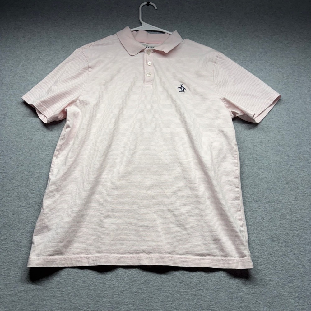 Original Penguin Mens Large Pink Striped Short Sleeve Cotton Polo Shirt Logo L